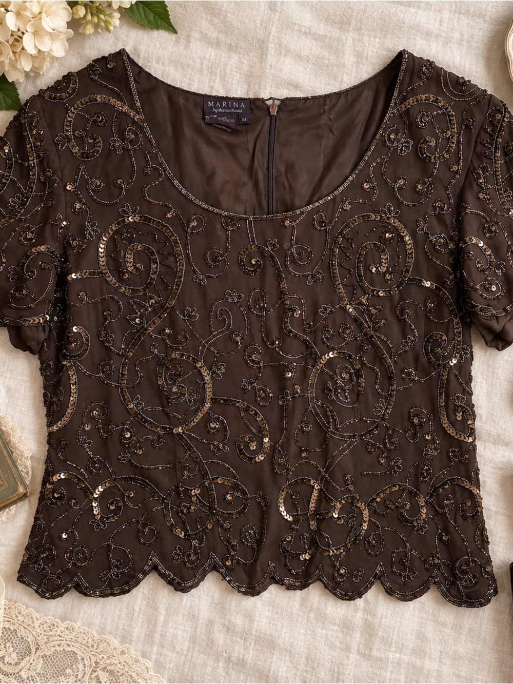 Vintage Marina Beaded Silk Top Chocolate Brown Sequin Blouse Formal Even